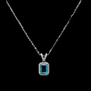 Emerald-Cut Blue Halo Pendant Necklace